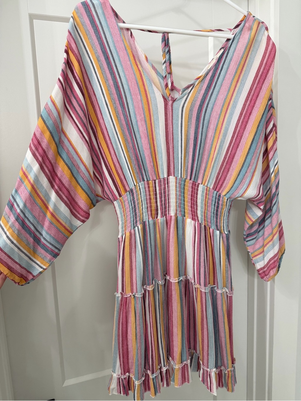 Striped Multi-Color V-Neck Smocked Waist Women's Dress
